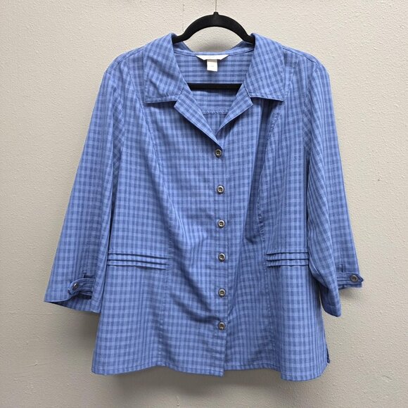 CJ Banks Shirt Womens 1X Blue Plaid Button Up 3/4 Sleeve Textured Lightweight - Picture 1 of 10